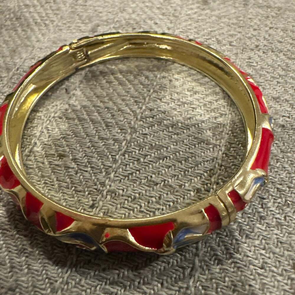 Gold-Tone Red and Blue Enamel Hinged Bangle Bracelets - Set of 2
